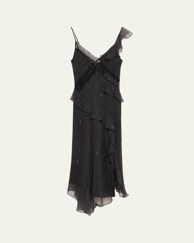 Sloane Pinstripe Script Ruffle Silk Midi Dress